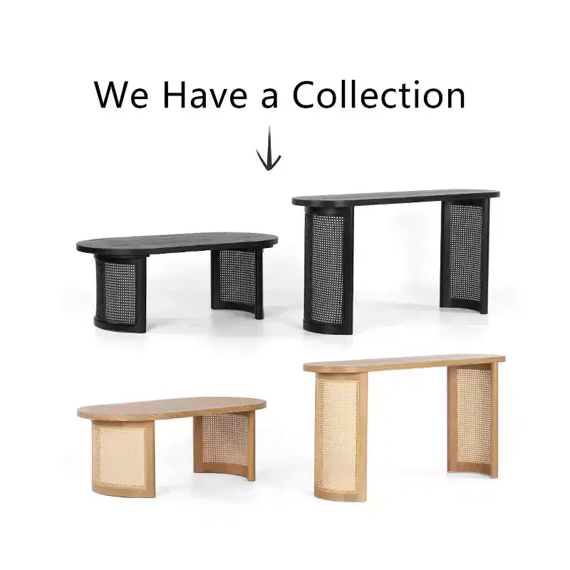 Consolle Ovale da 60 con Gambe a Piedistallo in Rattan, Tavolino Stretto da Divano Moderno per Ingresso, Soggiorno e Foyer - Panipeachy