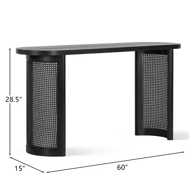 Consolle Ovale da 60 con Gambe a Piedistallo in Rattan, Tavolino Stretto da Divano Moderno per Ingresso, Soggiorno e Foyer - Panipeachy