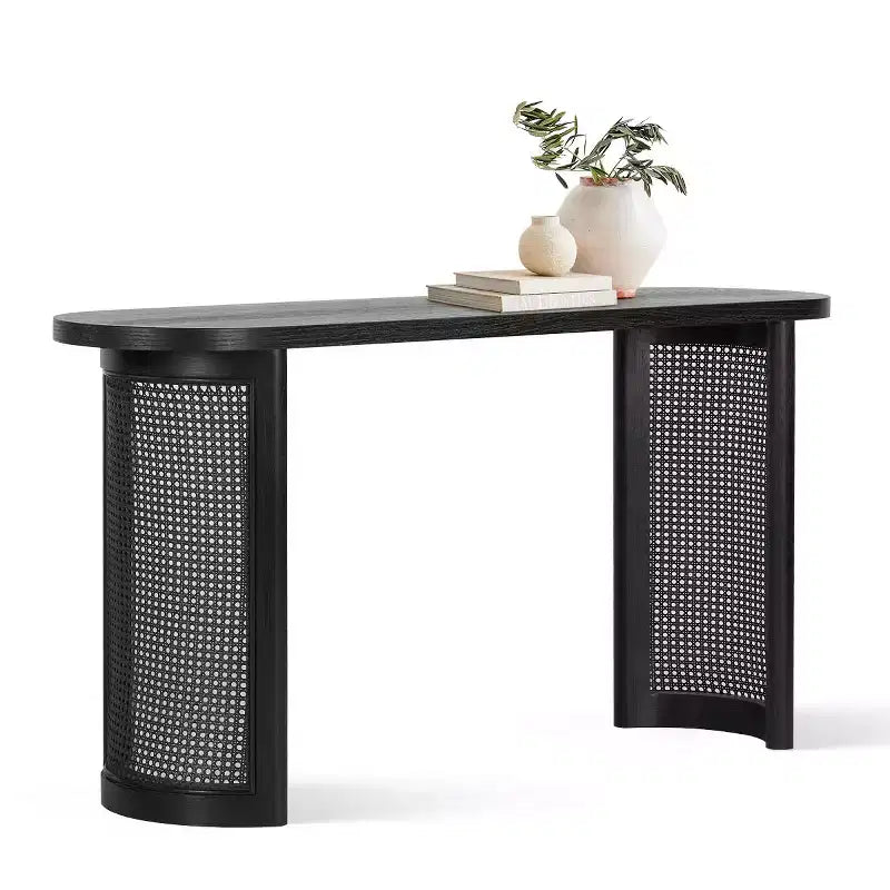 Consolle Ovale da 60 con Gambe a Piedistallo in Rattan, Tavolino Stretto da Divano Moderno per Ingresso, Soggiorno e Foyer - Panipeachy