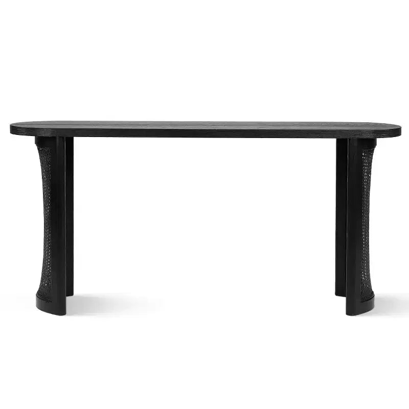 Consolle Ovale da 60 con Gambe a Piedistallo in Rattan, Tavolino Stretto da Divano Moderno per Ingresso, Soggiorno e Foyer - Panipeachy