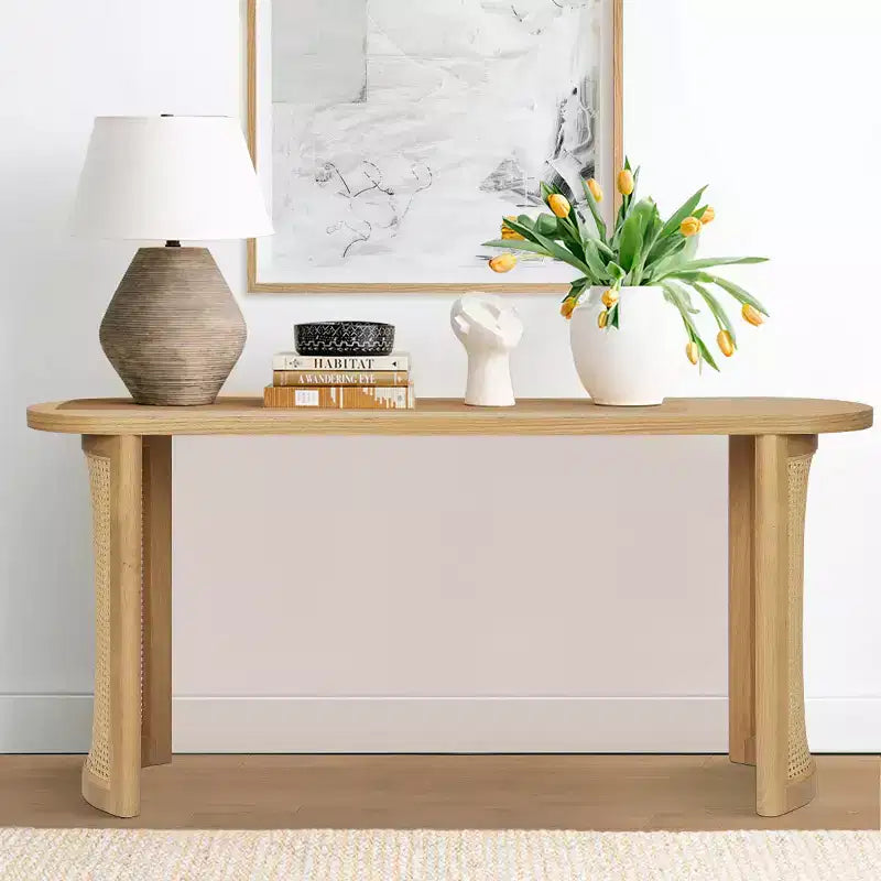 Consolle Ovale da 60 con Gambe a Piedistallo in Rattan, Tavolino Stretto da Divano Moderno per Ingresso, Soggiorno e Foyer - Panipeachy