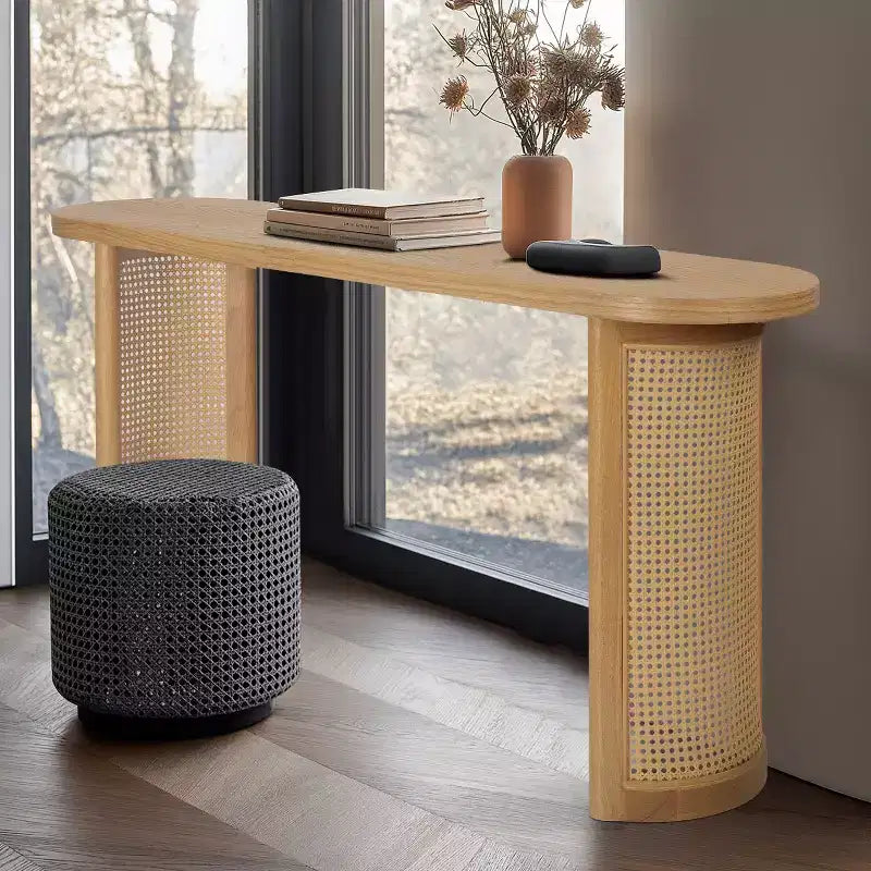 Consolle Ovale da 60 con Gambe a Piedistallo in Rattan, Tavolino Stretto da Divano Moderno per Ingresso, Soggiorno e Foyer - Panipeachy