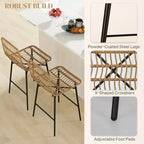 Sgabelli da Bar in Rattan, Set da 2, Sgabelli da 66 cm con Schienale, Sedie da Bar per Isola della Cucina