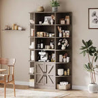 COZONY Libreria a 6 ripiani in legno alta 190 cm con armadietto e ante, organizer largo grigio e scaffale espositivo per camera da letto, soggiorno, ufficio domestico