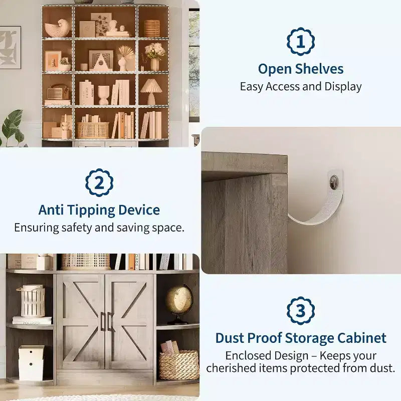 COZONY Libreria a 6 ripiani in legno alta 190 cm con armadietto e ante, organizer largo grigio e scaffale espositivo per camera da letto, soggiorno, ufficio domestico
