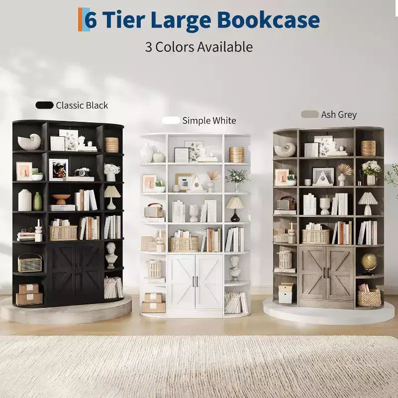COZONY Libreria a 6 ripiani in legno alta 190 cm con armadietto e ante, organizer largo grigio e scaffale espositivo per camera da letto, soggiorno, ufficio domestico