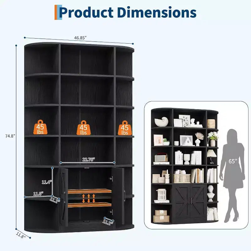 COZONY Libreria a 6 ripiani in legno alta 190 cm con armadietto e ante, organizer largo grigio e scaffale espositivo per camera da letto, soggiorno, ufficio domestico