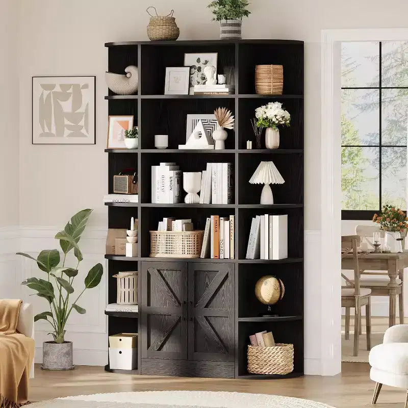 COZONY Libreria a 6 ripiani in legno alta 190 cm con armadietto e ante, organizer largo grigio e scaffale espositivo per camera da letto, soggiorno, ufficio domestico
