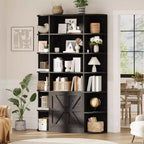 COZONY Libreria a 6 ripiani in legno alta 190 cm con armadietto e ante, organizer largo grigio e scaffale espositivo per camera da letto, soggiorno, ufficio domestico
