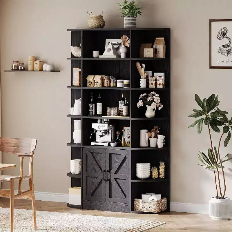 COZONY Libreria a 6 ripiani in legno alta 190 cm con armadietto e ante, organizer largo grigio e scaffale espositivo per camera da letto, soggiorno, ufficio domestico