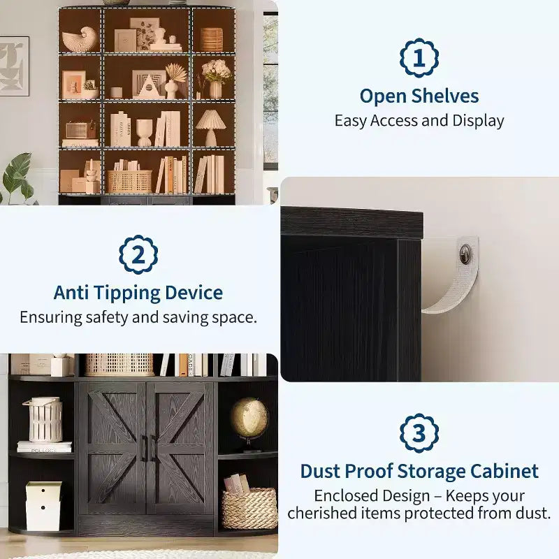 COZONY Libreria a 6 ripiani in legno alta 190 cm con armadietto e ante, organizer largo grigio e scaffale espositivo per camera da letto, soggiorno, ufficio domestico