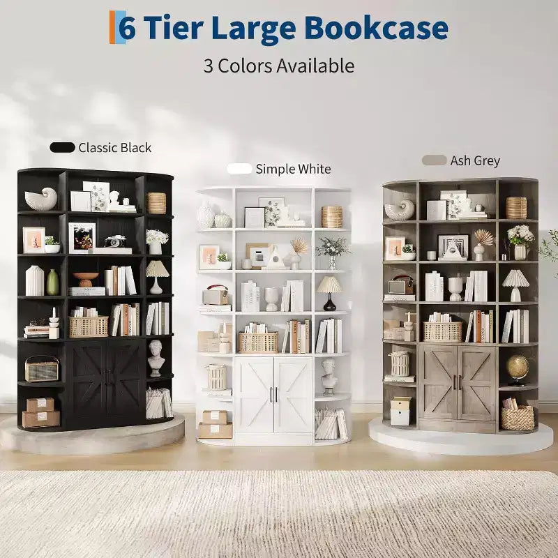 COZONY Libreria a 6 ripiani in legno alta 190 cm con armadietto e ante, organizer largo grigio e scaffale espositivo per camera da letto, soggiorno, ufficio domestico
