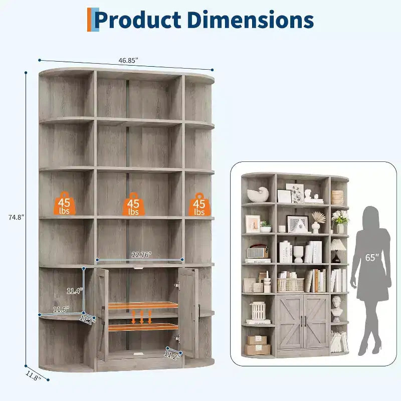 COZONY Libreria a 6 ripiani in legno alta 190 cm con armadietto e ante, organizer largo grigio e scaffale espositivo per camera da letto, soggiorno, ufficio domestico