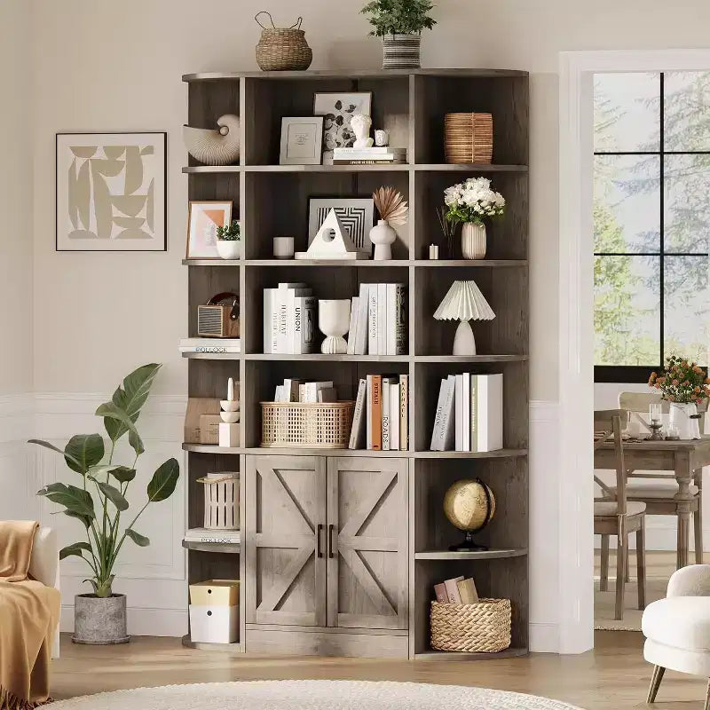 COZONY Libreria a 6 ripiani in legno alta 190 cm con armadietto e ante, organizer largo grigio e scaffale espositivo per camera da letto, soggiorno, ufficio domestico