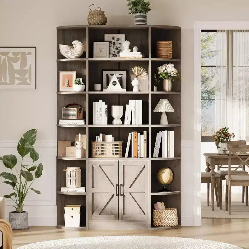 COZONY Libreria a 6 ripiani in legno alta 190 cm con armadietto e ante, organizer largo grigio e scaffale espositivo per camera da letto, soggiorno, ufficio domestico