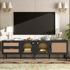 MAYEERTY Mobile TV in rattan con 3 armadietti e 2 cassetti, Tavolo console multimediale ispirato al rattan per TV fino a 80 pollici, Mobile TV per soggiorno Nero