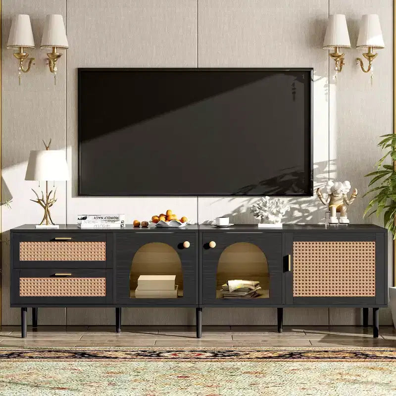 MAYEERTY Mobile TV in rattan con 3 armadietti e 2 cassetti, Tavolo console multimediale ispirato al rattan per TV fino a 80 pollici, Mobile TV per soggiorno Nero