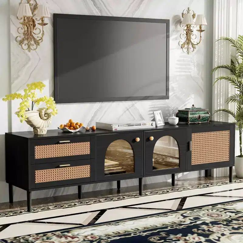MAYEERTY Mobile TV in rattan con 3 armadietti e 2 cassetti, Tavolo console multimediale ispirato al rattan per TV fino a 80 pollici, Mobile TV per soggiorno Nero