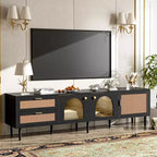 MAYEERTY Mobile TV in rattan con 3 armadietti e 2 cassetti, Tavolo console multimediale ispirato al rattan per TV fino a 80 pollici, Mobile TV per soggiorno Nero