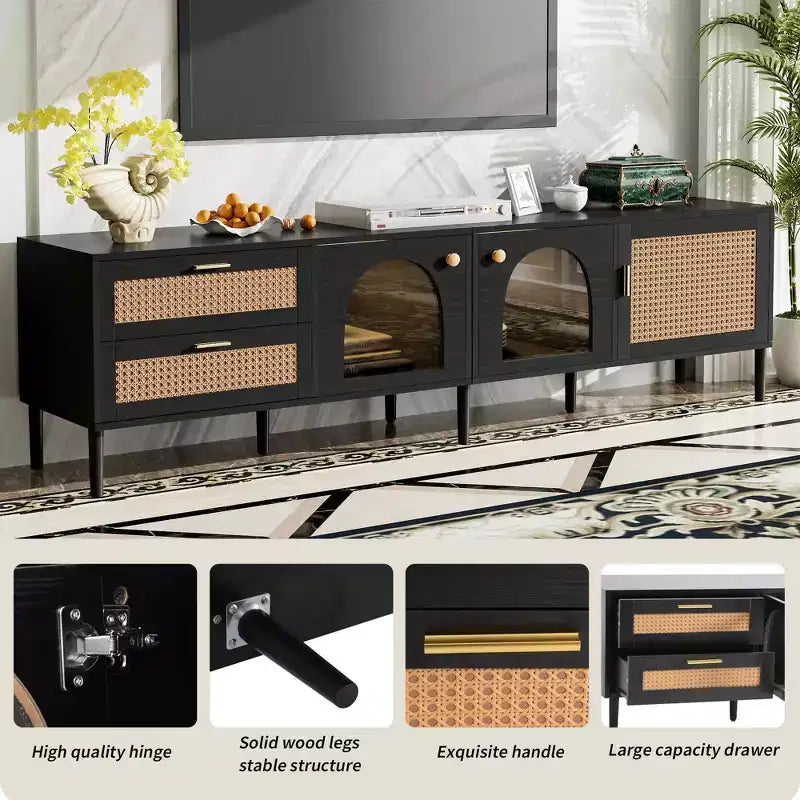 MAYEERTY Mobile TV in rattan con 3 armadietti e 2 cassetti, Tavolo console multimediale ispirato al rattan per TV fino a 80 pollici, Mobile TV per soggiorno Nero