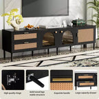 MAYEERTY Mobile TV in rattan con 3 armadietti e 2 cassetti, Tavolo console multimediale ispirato al rattan per TV fino a 80 pollici, Mobile TV per soggiorno Nero