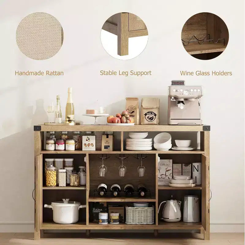 Credenza rustica a buffet con portabottiglie, mobile organizer e tavolino da caffè per cucina, sala da pranzo, soggiorno o ingresso