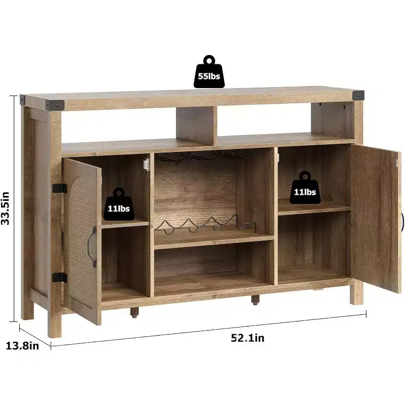 Credenza rustica a buffet con portabottiglie, mobile organizer e tavolino da caffè per cucina, sala da pranzo, soggiorno o ingresso
