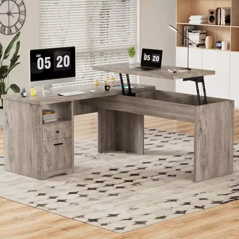 Besiost Scrivania per Computer con Piano Sollevabile da 56'' con Cassetti e Prese di Corrente