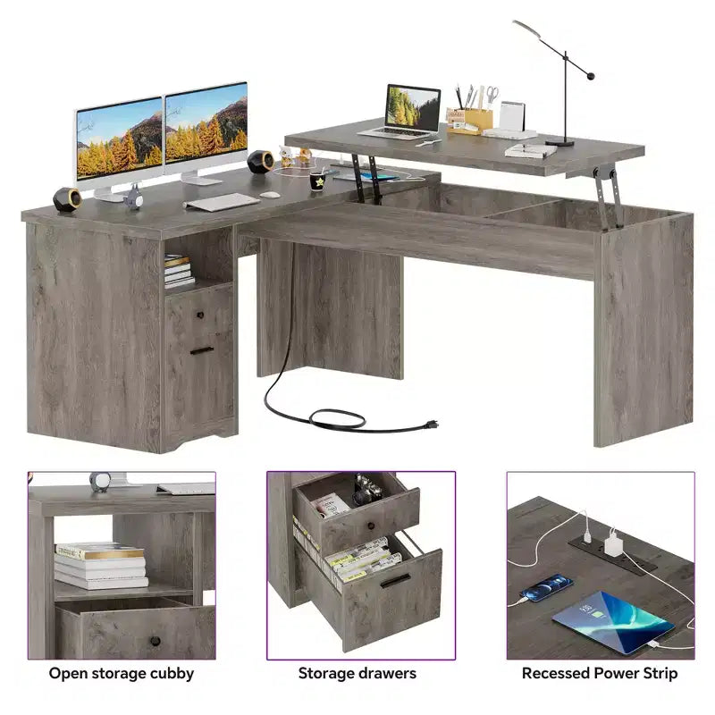 Besiost Scrivania per Computer con Piano Sollevabile da 56'' con Cassetti e Prese di Corrente