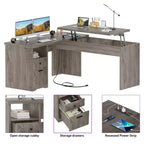 Besiost Scrivania per Computer con Piano Sollevabile da 56'' con Cassetti e Prese di Corrente