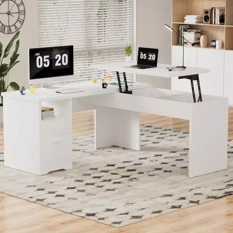 Besiost Scrivania per Computer con Piano Sollevabile da 56'' con Cassetti e Prese di Corrente