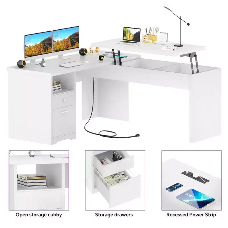 Besiost Scrivania per Computer con Piano Sollevabile da 56'' con Cassetti e Prese di Corrente