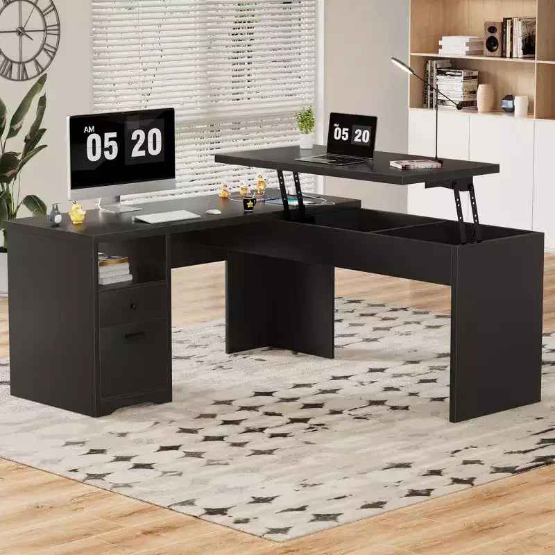 Besiost Scrivania per Computer con Piano Sollevabile da 56'' con Cassetti e Prese di Corrente