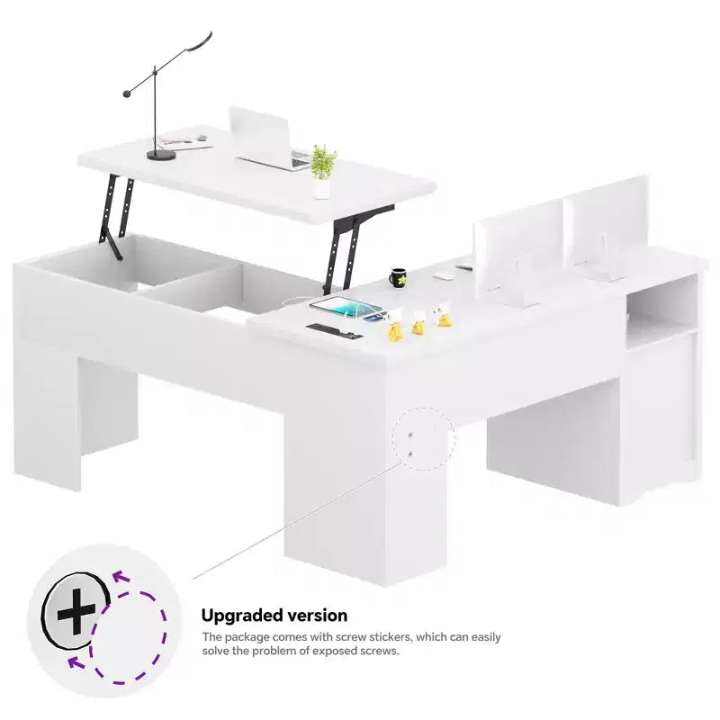 Besiost Scrivania per Computer con Piano Sollevabile da 56'' con Cassetti e Prese di Corrente