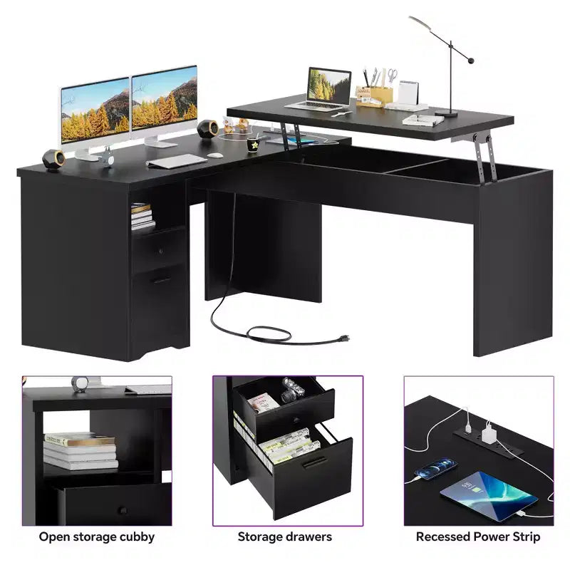 Besiost Scrivania per Computer con Piano Sollevabile da 56'' con Cassetti e Prese di Corrente