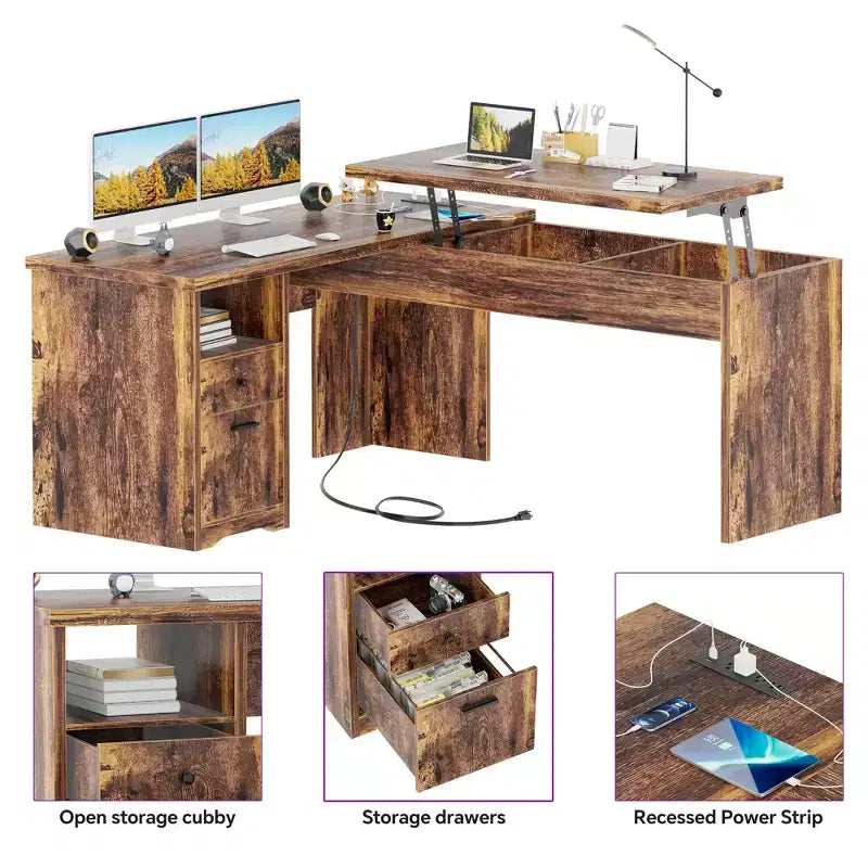 Besiost Scrivania per Computer con Piano Sollevabile da 56'' con Cassetti e Prese di Corrente
