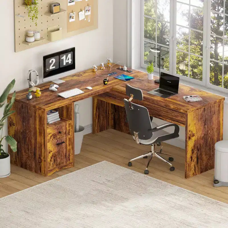 Besiost Scrivania per Computer con Piano Sollevabile da 56'' con Cassetti e Prese di Corrente