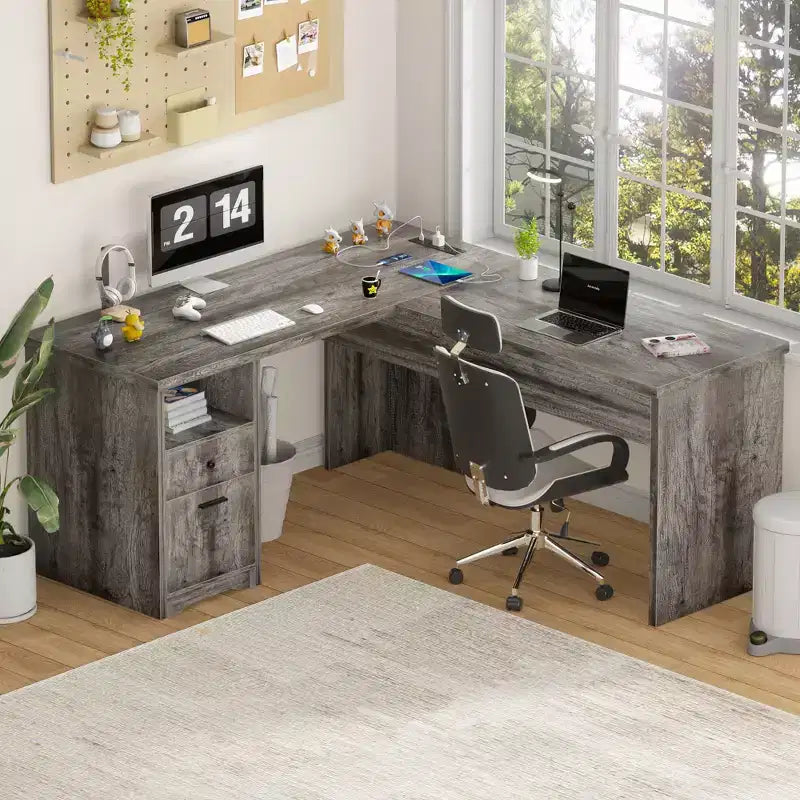 Besiost Scrivania per Computer con Piano Sollevabile da 56'' con Cassetti e Prese di Corrente