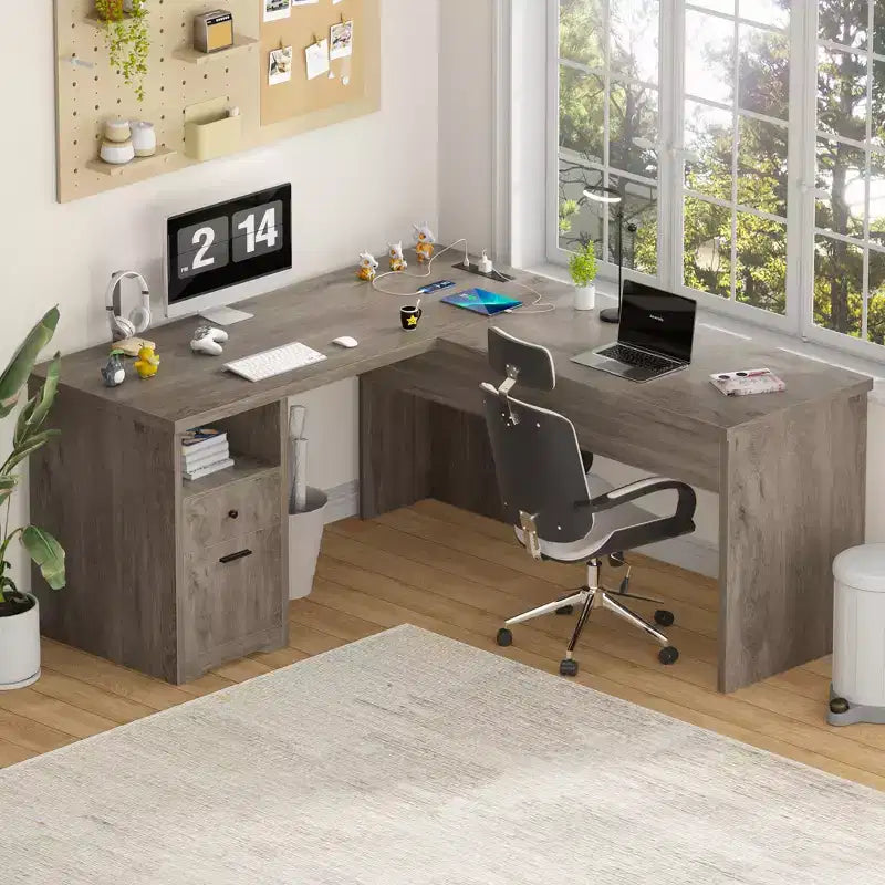 Besiost Scrivania per Computer con Piano Sollevabile da 56'' con Cassetti e Prese di Corrente