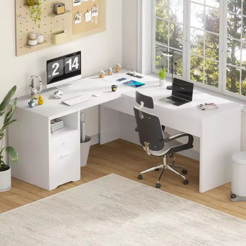 Besiost Scrivania per Computer con Piano Sollevabile da 56'' con Cassetti e Prese di Corrente