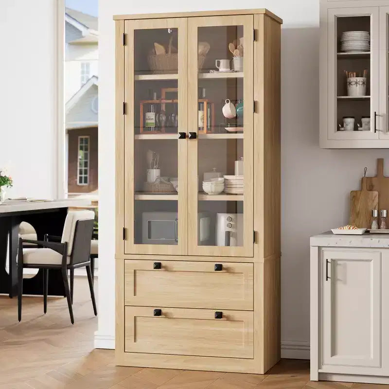 Dispensa alta con ante in vetro, 2 cassetti e ripiani regolabili – Nera / Naturale / Noce / Bianca – 1 Unità