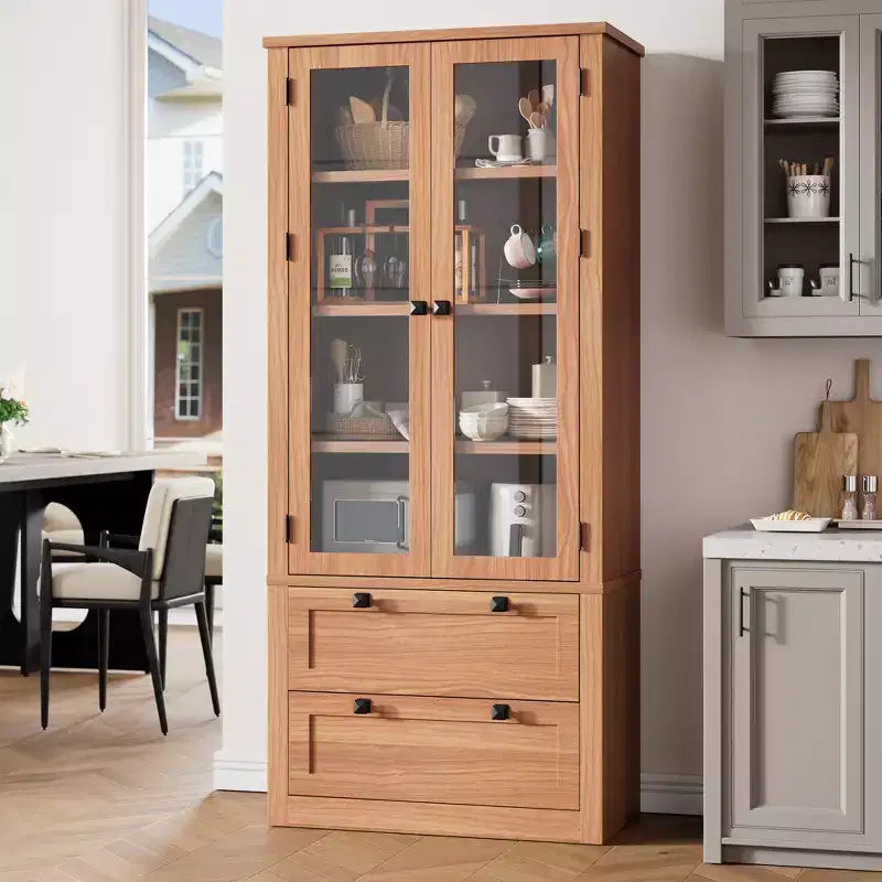 Dispensa alta con ante in vetro, 2 cassetti e ripiani regolabili – Nera / Naturale / Noce / Bianca – 1 Unità