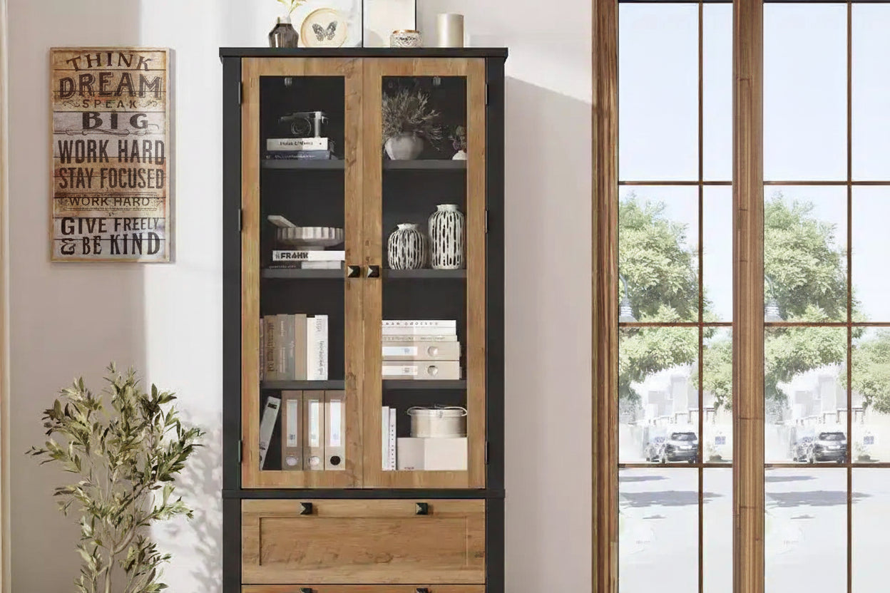 72 Modern Farmhouse Pantry Cabinet - Tall Kitchen Storage Hutch w/ Glass Doors, 2 Drawers & Adjustable Shelves for Dining & Living Room