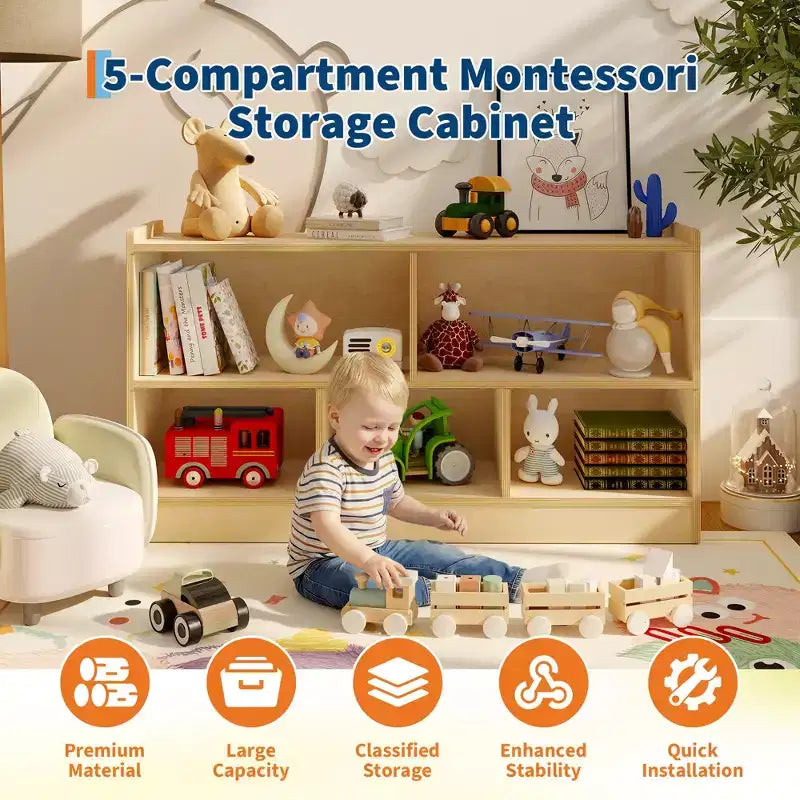 Libreria in legno per bambini a 5 sezioni e 2 livelli, naturale/bianco, per 1 bambino