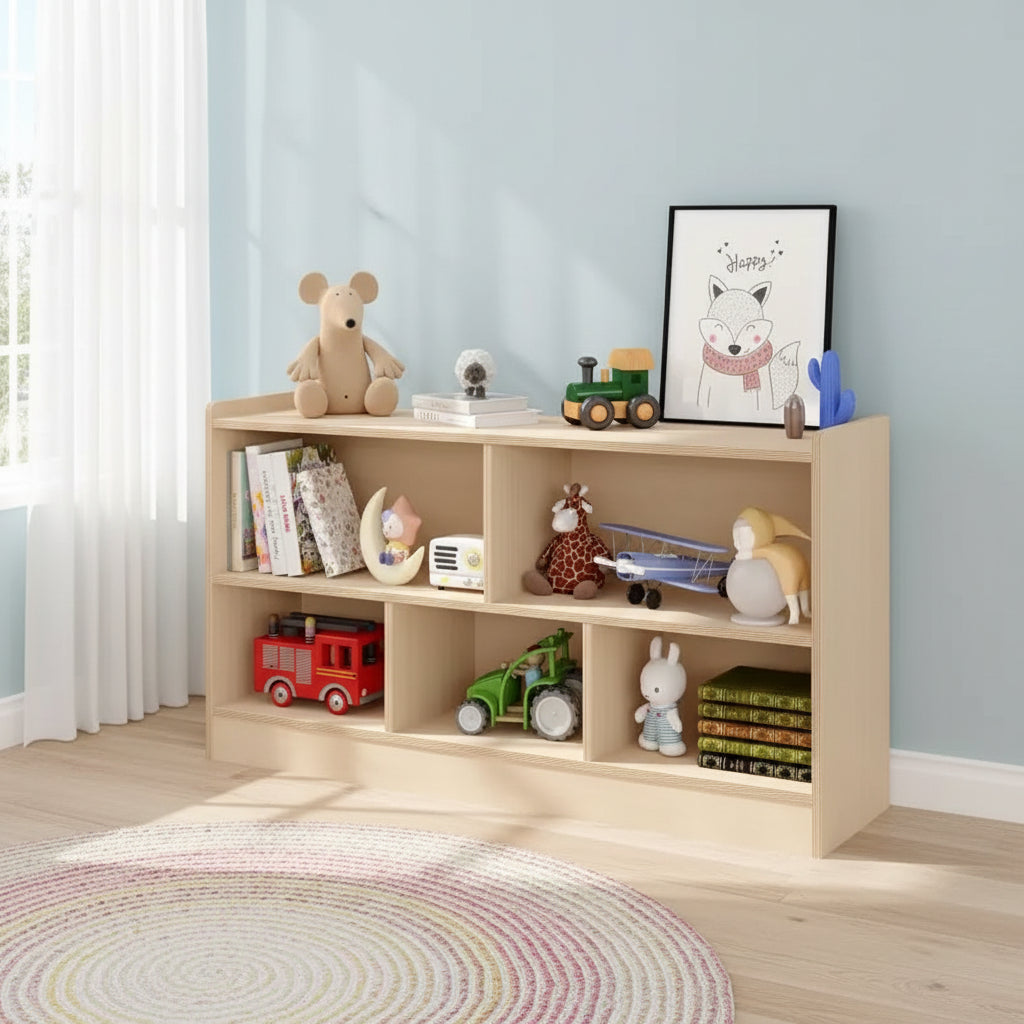 Kids Wooden Bookshelf 5-Section 2-Tier, Open Shelving Toy Storage Organizer Bookcase for Playroom, Nursery, Classroom & Kindergarten