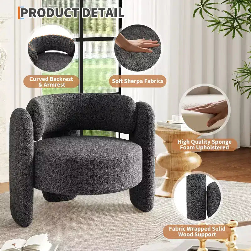 Poltrona a botte in ciniglia beige/grigio scuro, schienale aperto, stile metà secolo, 1 posto