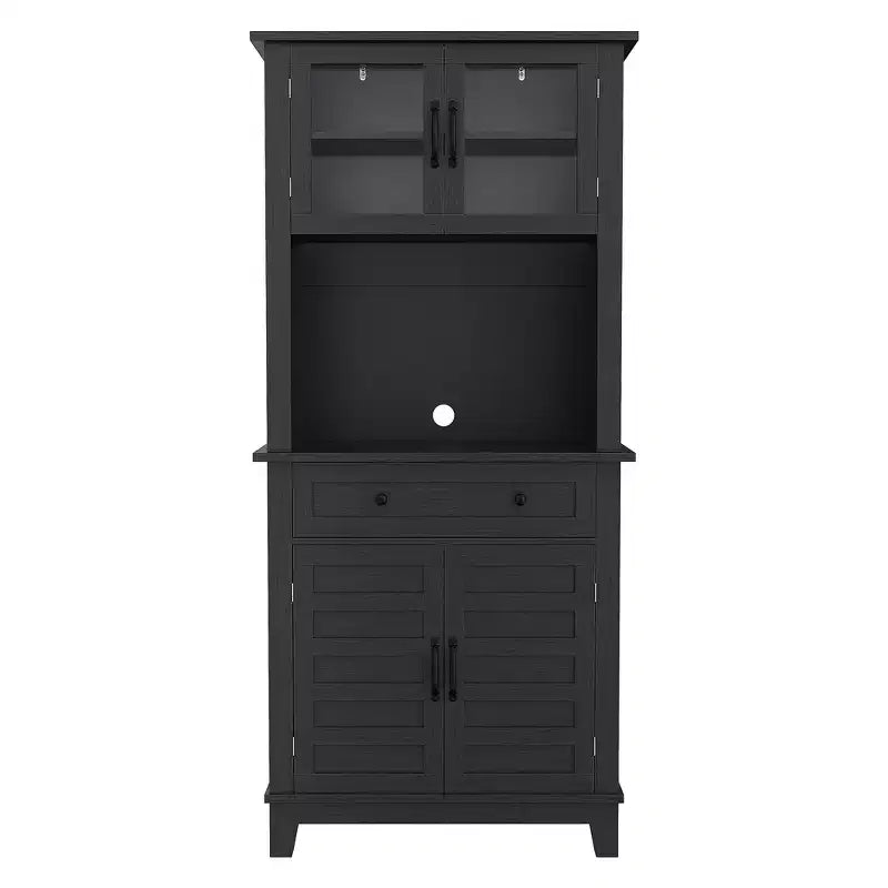 Dispensa autoportante nera/marrone, 2 ante in vetro, 2 ante in legno, cassetto, ripiani regolabili