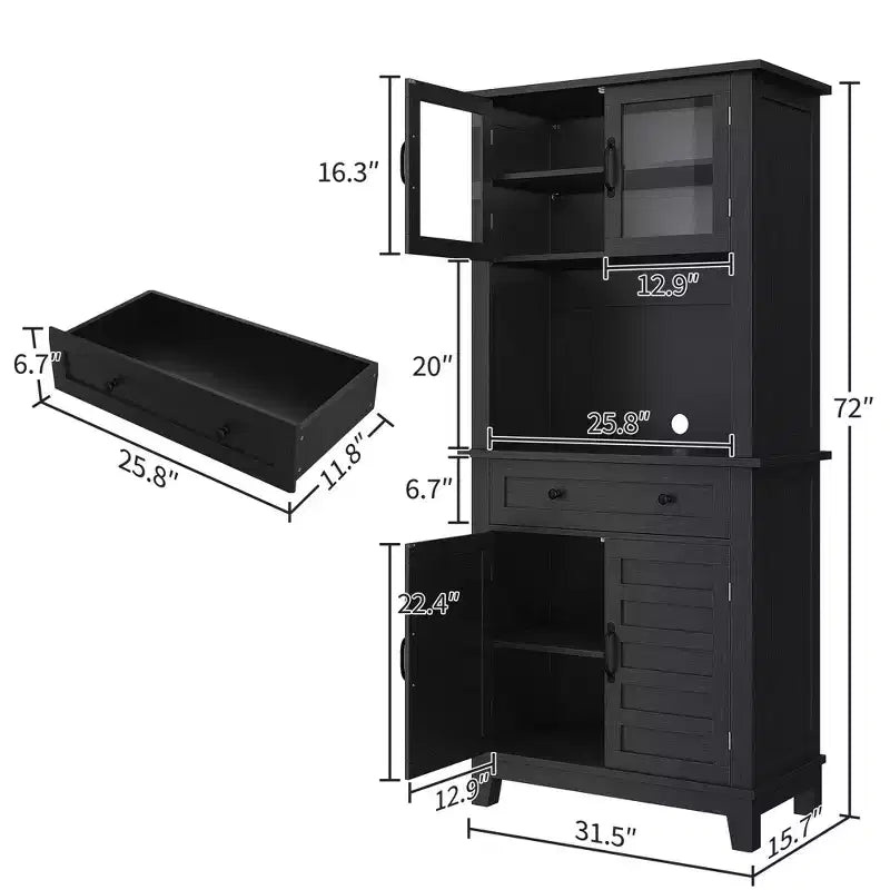 Dispensa autoportante nera/marrone, 2 ante in vetro, 2 ante in legno, cassetto, ripiani regolabili