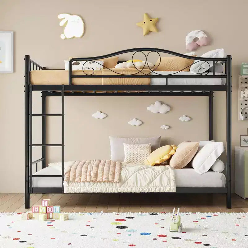Letto a castello in metallo a due piazze, Beige/Nero/Oro/Grigio/Rosa, con scaletta e ringhiera, 2 posti letto