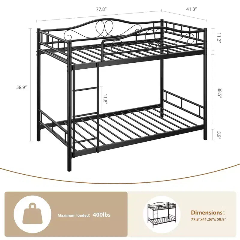 Letto a castello in metallo a due piazze, Beige/Nero/Oro/Grigio/Rosa, con scaletta e ringhiera, 2 posti letto